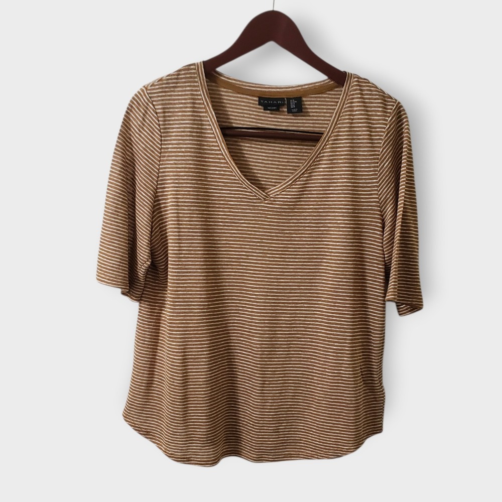 Tahari 100% Linen Boxy Oversized V-Neck Tee Striped Short Sleeve Tan White Med